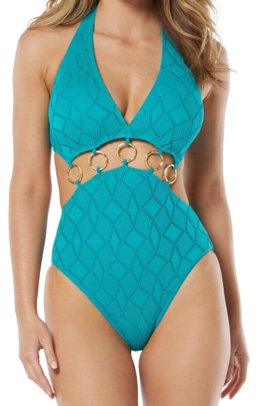 Vince Camuto Women's O-Ring Plunge One Piece Swimsuit in Lagoon Blue